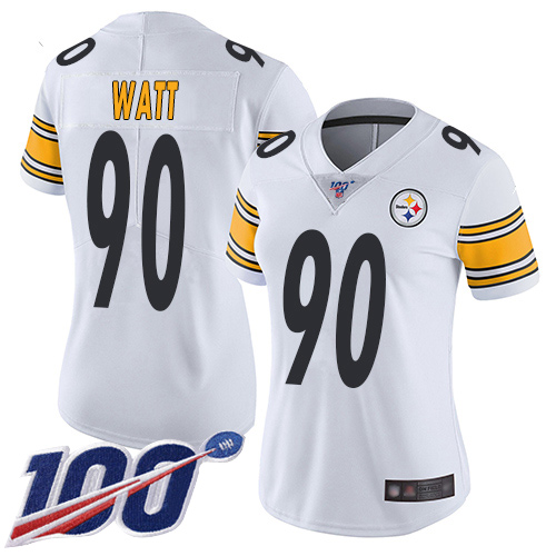Women Pittsburgh Steelers Football #90 Limited White T J Watt Road 100th Season Vapor Untouchable Nike NFL Jersey